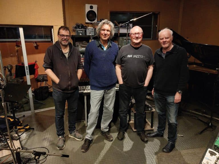 Threeway in the studio. L-R: Steve Waterman, John Etheridge, Ben Crosland, Steve Lodder. Photo credit John Blandford