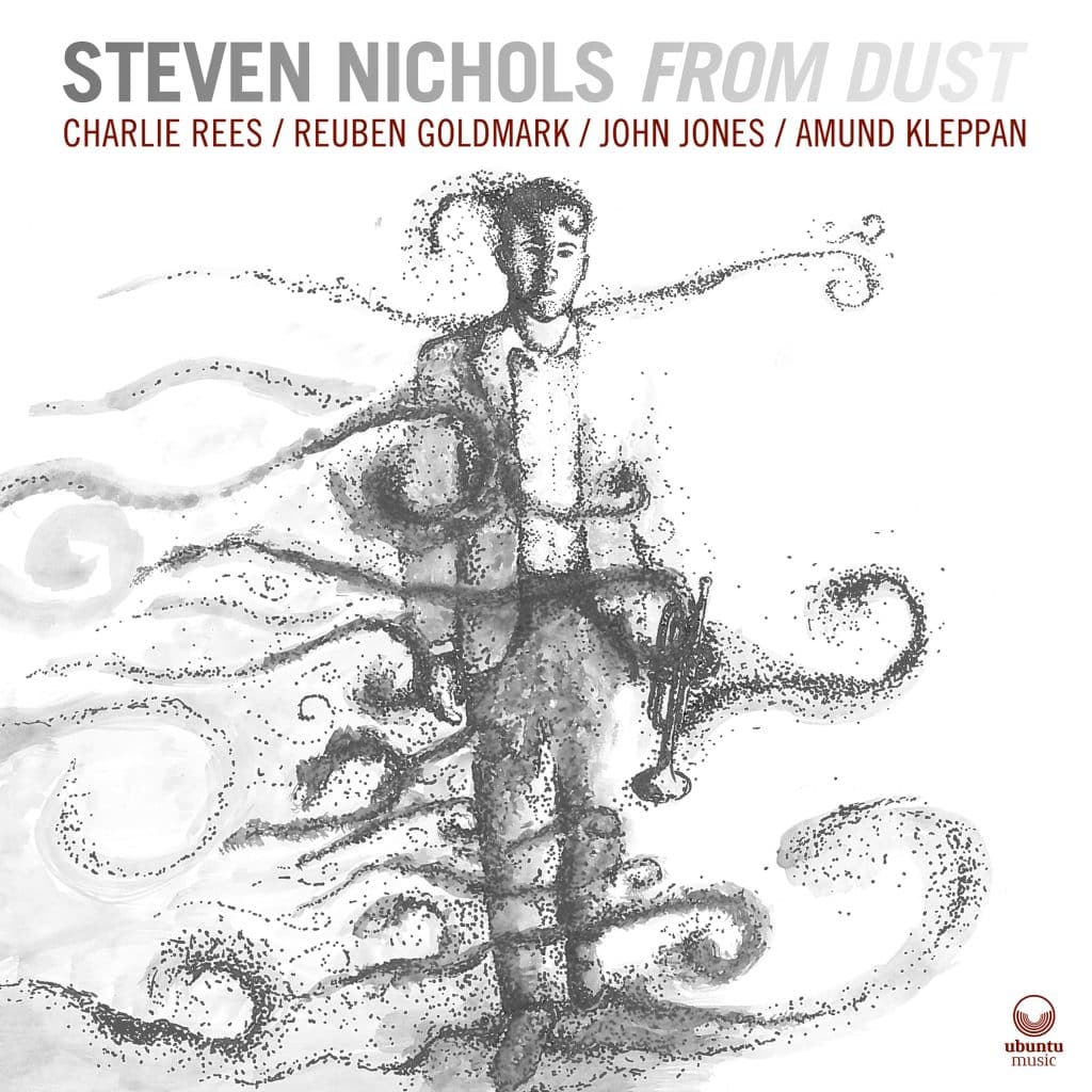 The album cover for 'From Dust' features a greyscale painting of a man holding a trumpet, with dust swirling around him that appears to be forming his figure.